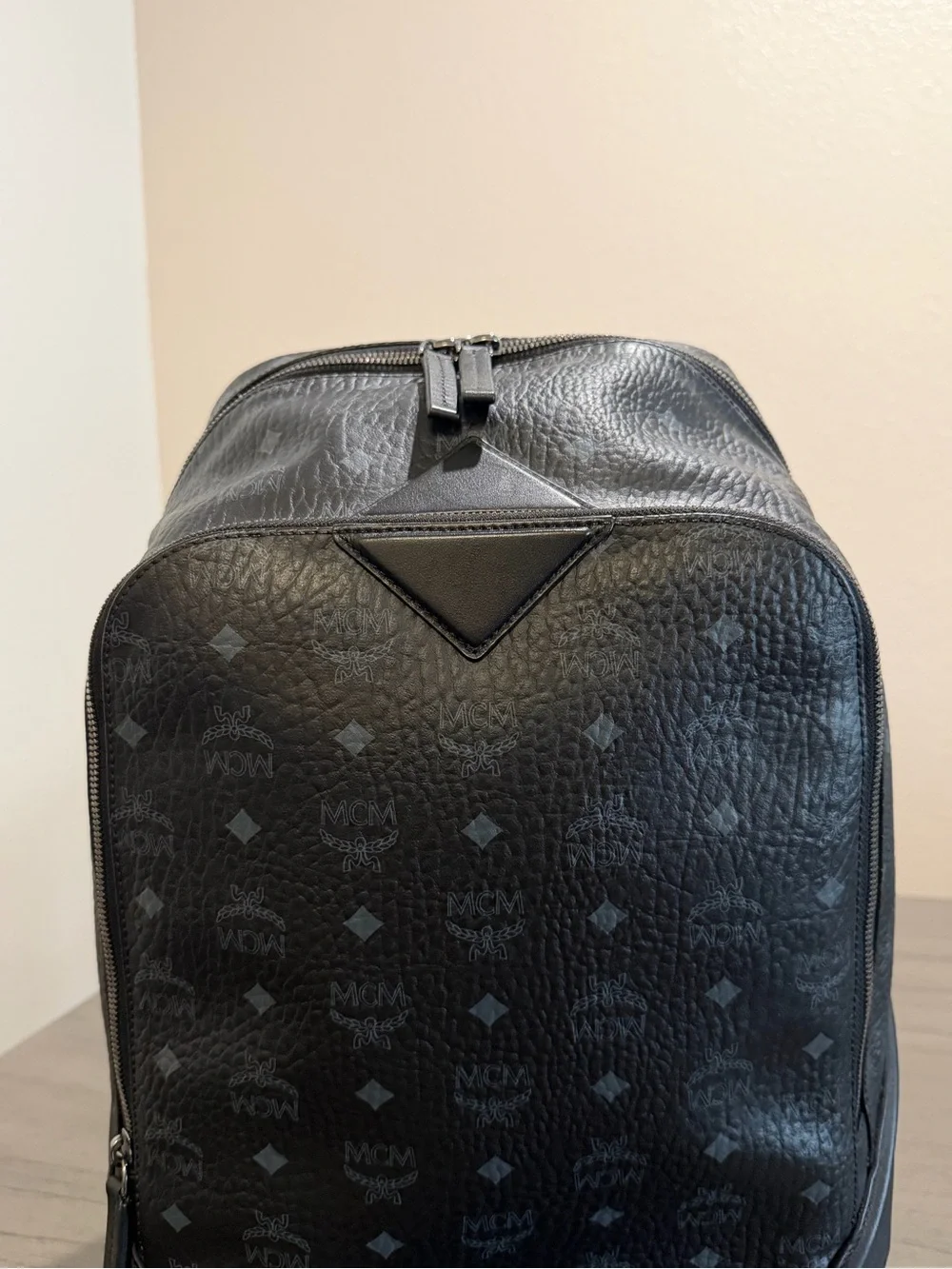 MCM Black Monogram Textured Leather Backpack